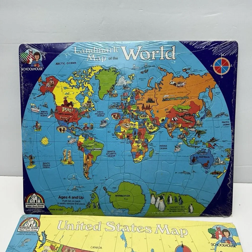 Vintage Random House United States of America Picture Puzzle Landmark World Map